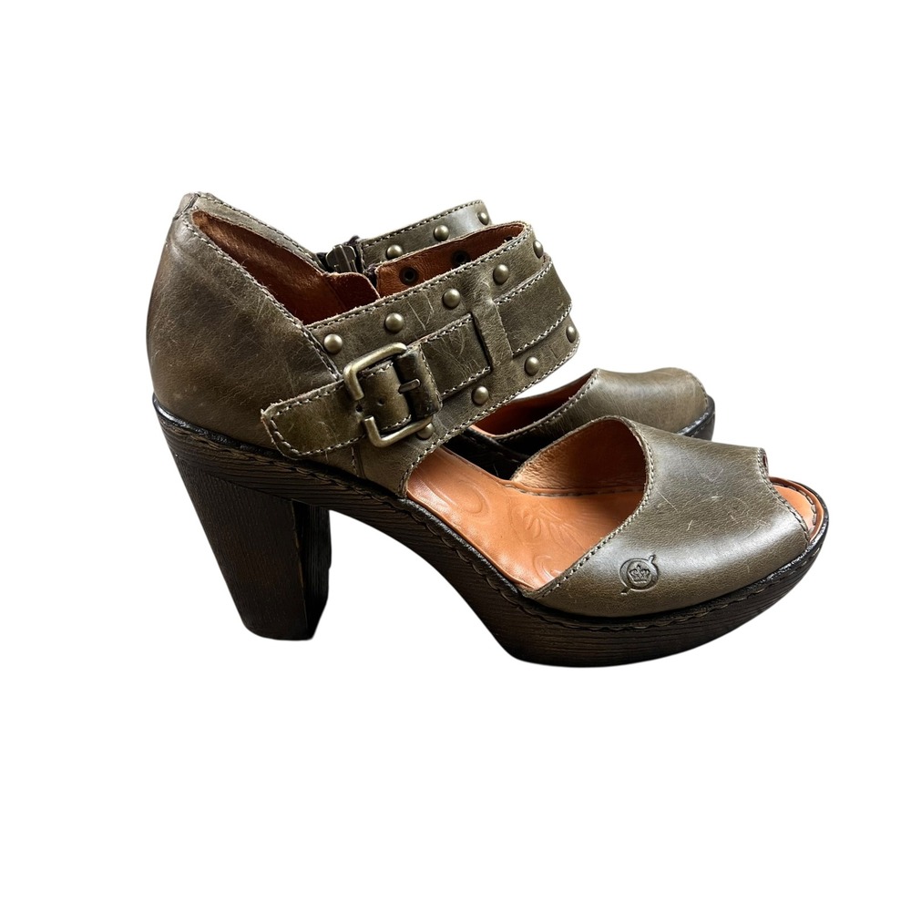 Born Womens Olive Green Leather Studded Platform Peep Toe Heels Size 9 - Picture 3 of 8